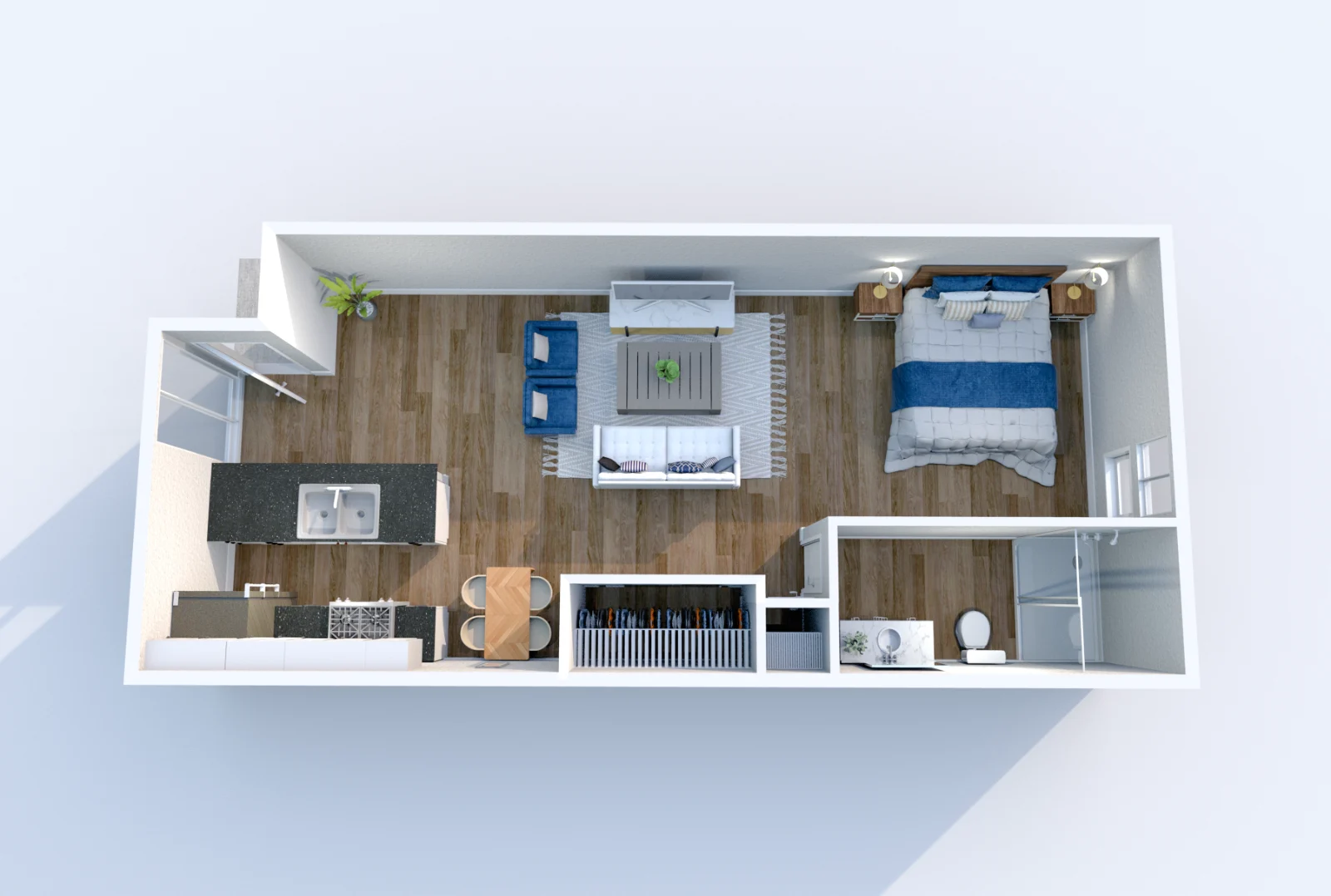 Brickyard Flats — floor plan, Plan E2 · Studio · 1 bath · 525 sq ft